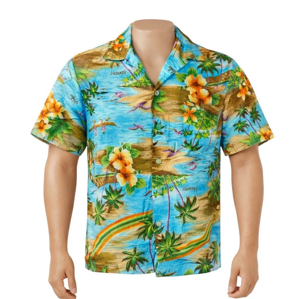 Pacific Isle Creations Hawaiian Aloha Shirt Large Palms Islands Rainbow Boats